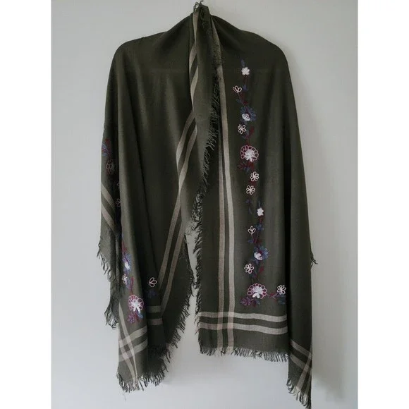 Isa & Stef Womens Embroidered Scarf Wrap Viscose Military Green Fringe 24"x74" - Picture 5 of 8
